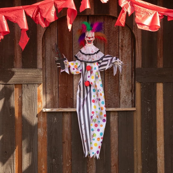 4 Ft. Hanging Clown with Multicolored Hair Animated Prop Halloween Decoration