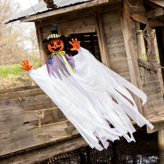Morris Costumes 4 ft Hanging Animated Smiling Pumpkin Scarecrow - White