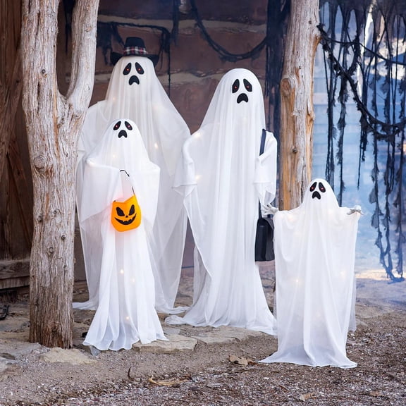 5 Ft. 2 3/4" Light-Up Ghost Family Standing Halloween Decorations - 4 Pc.