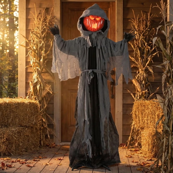 Halloween Animated Pumpkin Man in Hooded Cloak Decoration - Orange 5 Ft