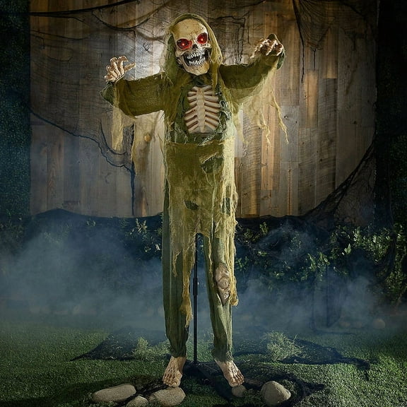 Morris Costumes - 5 Ft. 4 Standing Animated Green Skeleton Reaper Halloween Decoration - One Size