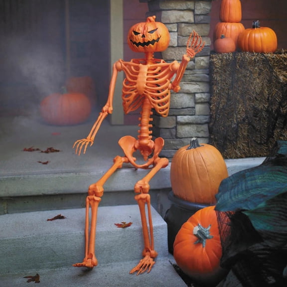 5 Ft. Posable Orange Pumpkinhead Skeleton Halloween Decoration
