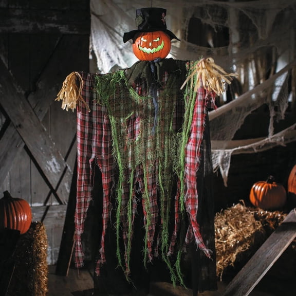 ATC Halloween Animated Hanging Pumpkin Man Decoration with Red Checkered Shirt