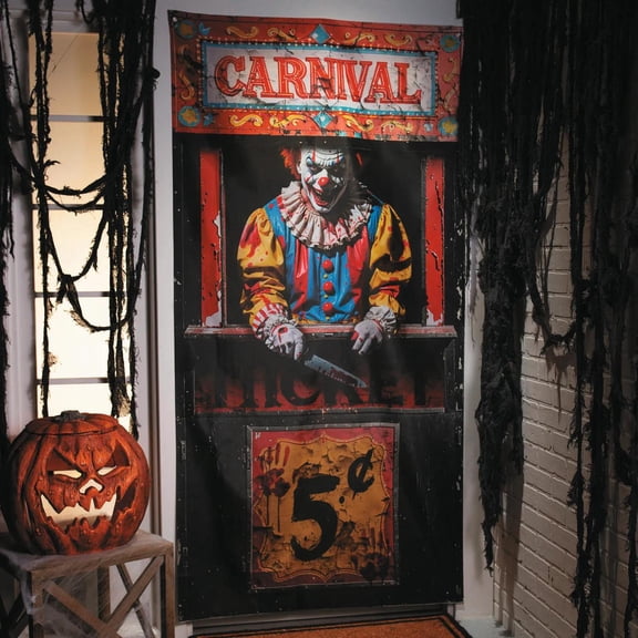 6 Ft. 6 3/4" Carnival Booth with Bloody Clown Door Curtain Halloween Decoration