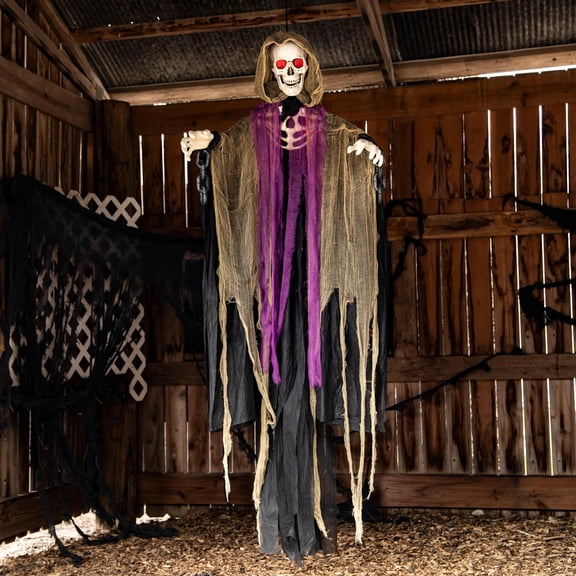 6 Ft. Hanging Light-Up Skeletal Reaper in Gray Robes Halloween Decoration