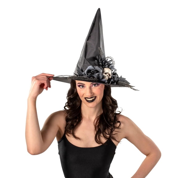 17 1/2" x 14 3/4" Black Flowers & Skull Polyester Witch Hat Costume Accessory