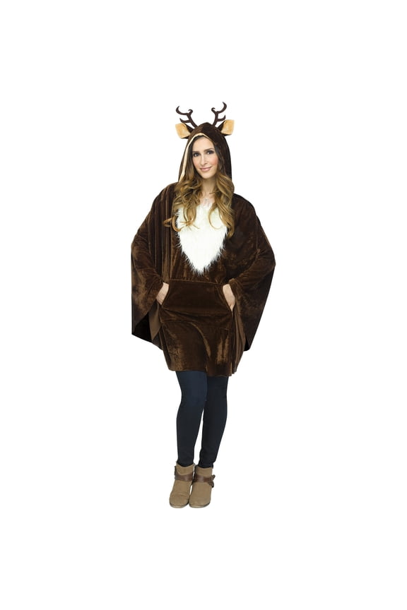 Womens Christmas Reindeer Hollyday Plush Poncho Holiday Shirt and Hood