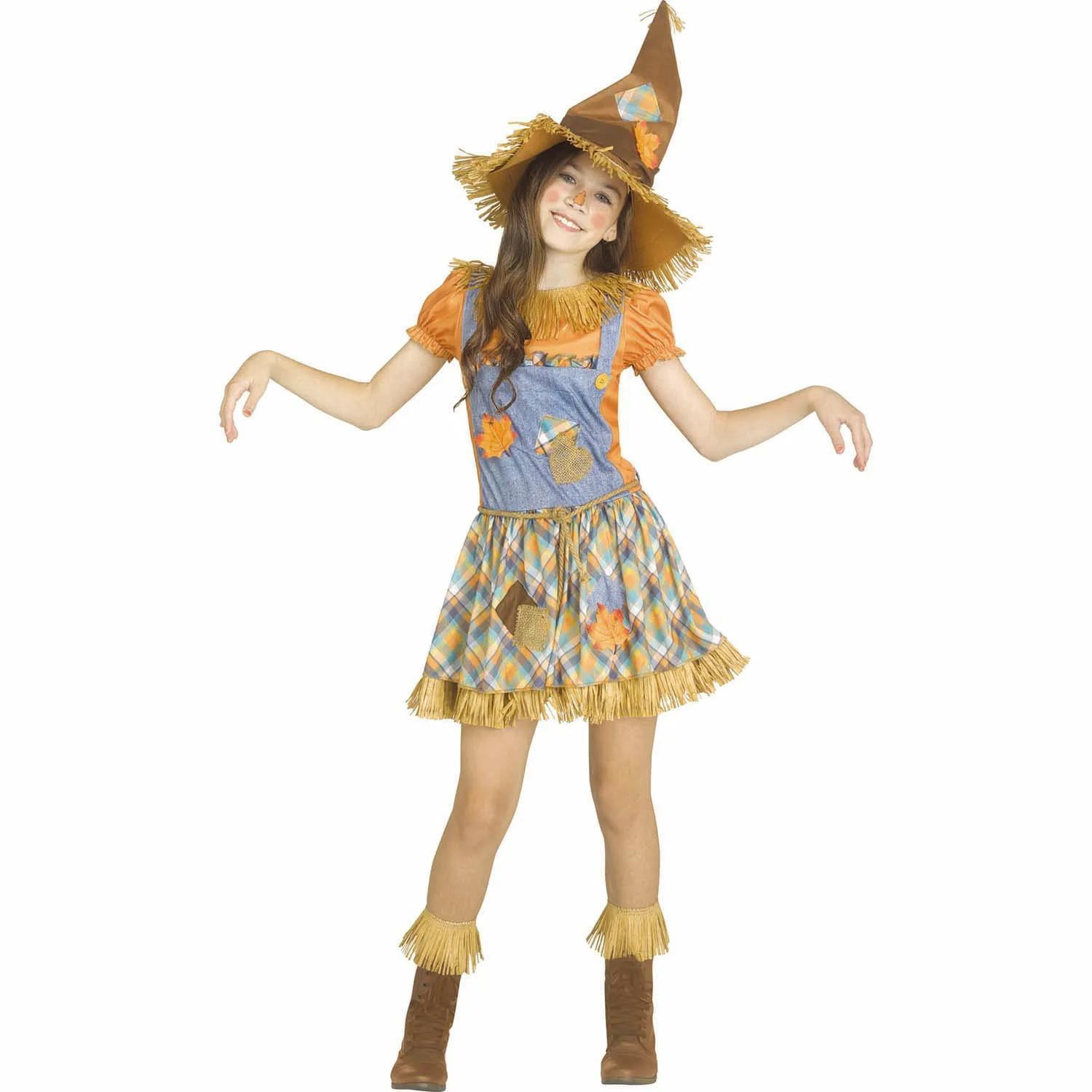Fun World Girl's Cornfield Cutie Scarecrow Halloween Costume Dress - Orange 8-10