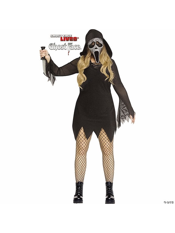 Ghost Face Women's Bling Plus Size Halloween Deluxe Costume Dress - Black 22W-24W