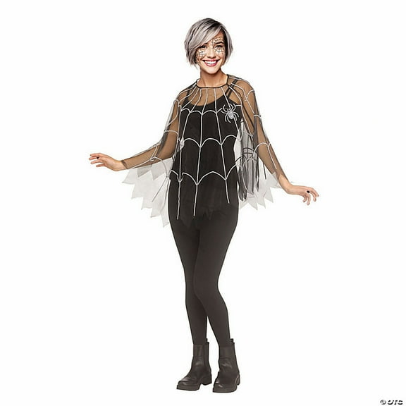 Fun World Adult Pearl Spider Web Mesh Poncho Halloween Costume Robe - White One Size