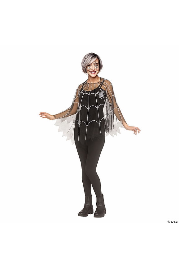 Adult Pearl Spider Web Mesh Poncho Halloween Costume Robe - White One Size