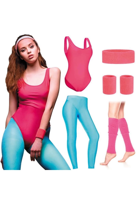 Women's Pink & Blue 80's Workout Halloween Costume Bodysuit - Pink One Size