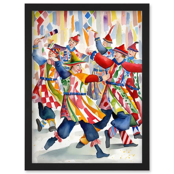 Morris Dancers Dancing Folk Art Watercolour Painting Artwork Framed Wall Art Print A4