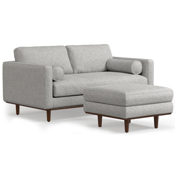 Simpli Home Morrison Mid-Century Modern 72 inch Wide Sofa with Ottoman Set in Mist Grey Tightly Woven Performance Fabric