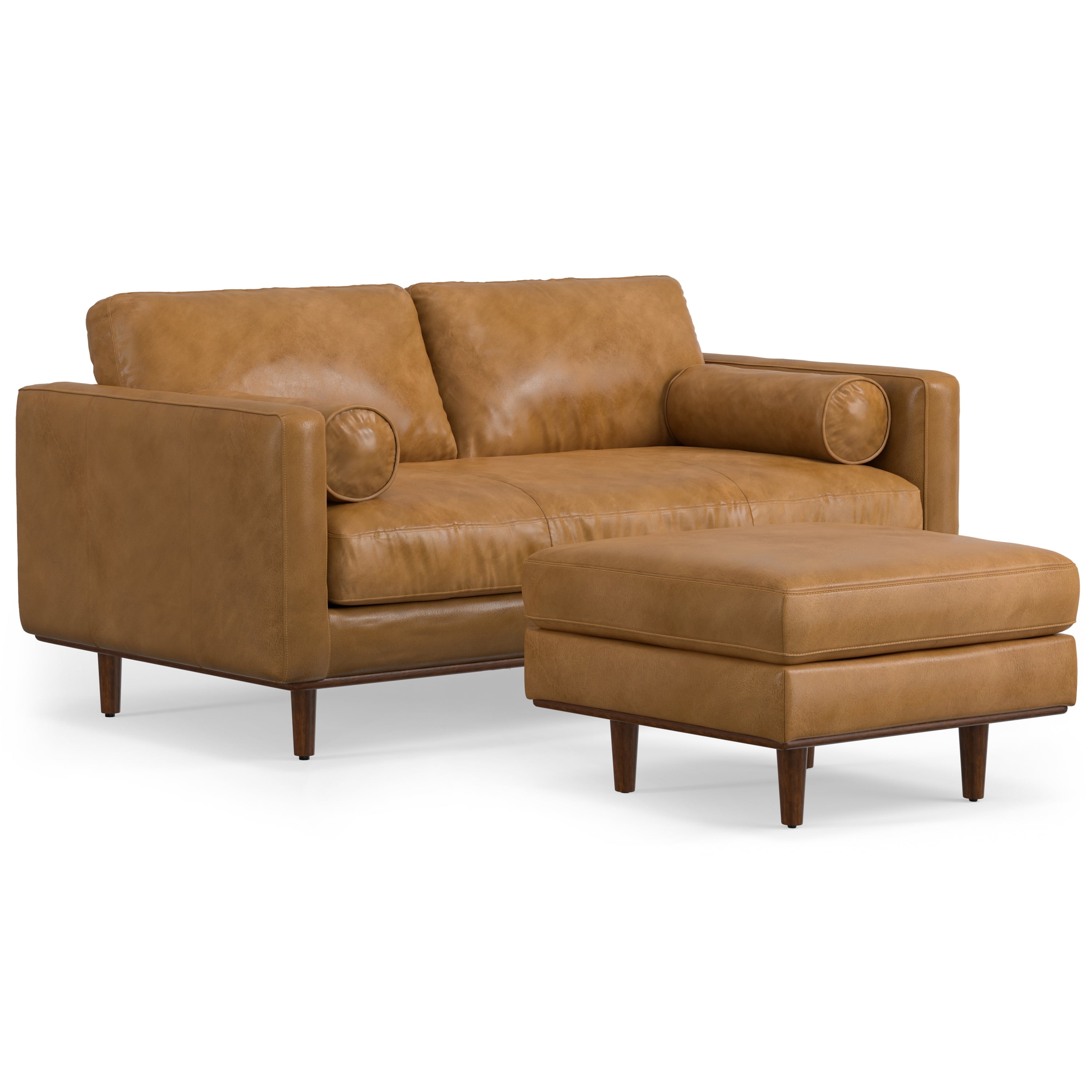 Morrison Sienna Leather Mid-Century Modern Sofa with Ottoman