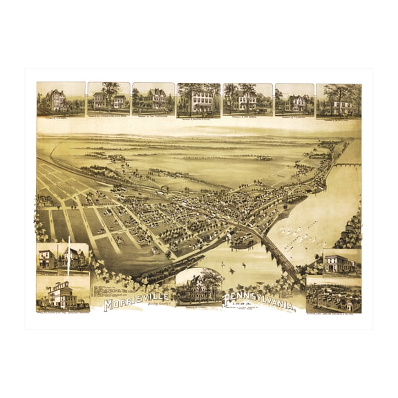 Morrisville Art, 1893 Vintage Map of Morrisville Pennsylvania, PA History Wall Decor Gift, Old Morrisville Map - 36" x 24" Unframed Print