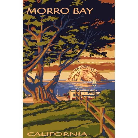 Morro Bay, California, Town View with Morro Rock (12x18 Wall Art Poster, Room Decor)