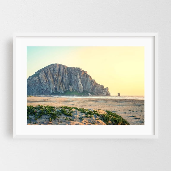 Morro Rock Sunset - Morro Bay California Photography Beach Coastal Ocean Landscape Nature Sunset Scenic White Framed Wall Art Print 5 x 7 inches