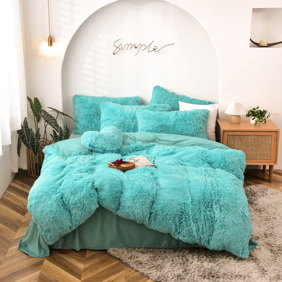 MorroMorn 5 PCS Shaggy Duvet Cover Bedding Set - Fluffy Comforter Cover Long Faux Fur Luxury Ultra Soft Cozy (Aqua, Full/Queen)