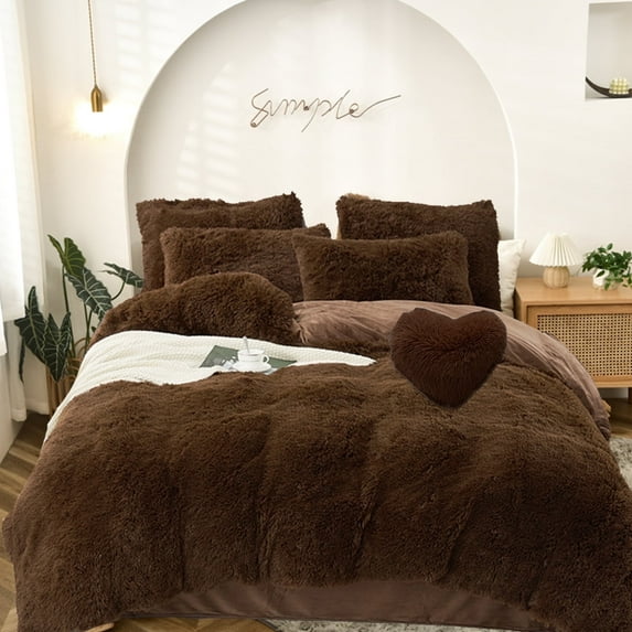 MorroMorn 5 PCS Shaggy Duvet Cover Bedding Set - Fluffy Comforter Cover Long Faux Fur Luxury Ultra Soft Cozy (Brown, Full/Queen)
