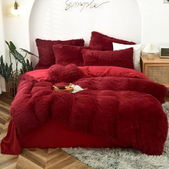 MorroMorn 5 PCS Shaggy Duvet Cover Bedding Set - Fluffy Comforter Cover Long Faux Fur Luxury Ultra Soft Cozy (Dark Red, King/California King)