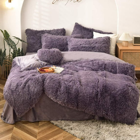 MorroMorn 5 PCS Shaggy Duvet Cover Bedding Set - Fluffy Comforter Cover Long Faux Fur Luxury Ultra Soft Cozy (Dark purple, King/California King)