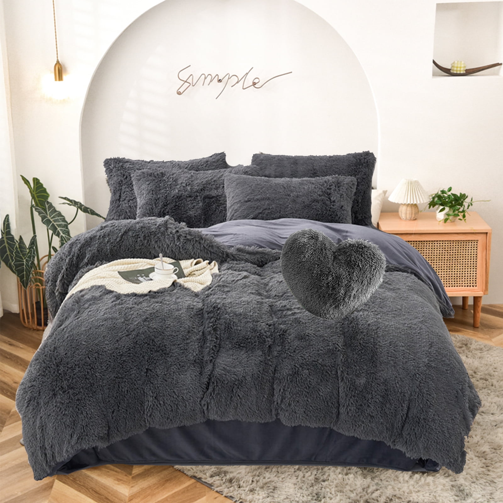 MorroMorn 5 PCS Shaggy Duvet Cover Bedding Set - Fluffy Comforter Cover Long Faux Fur Luxury Ultra Soft Cozy (Gray, King/California King)