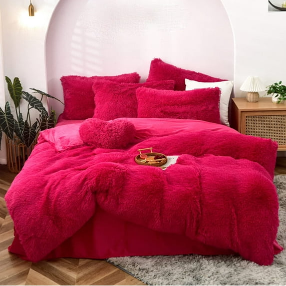 MorroMorn 5 PCS Shaggy Duvet Cover Bedding Set - Fluffy Comforter Cover Long Faux Fur Luxury Ultra Soft Cozy (Hot pink, Full/Queen)
