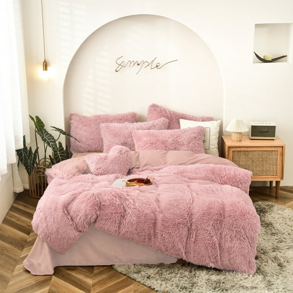 MorroMorn 5 PCS Shaggy Duvet Cover Bedding Set - Fluffy Comforter Cover Long Faux Fur Luxury Ultra Soft Cozy (Lightcoral, Full/Queen)