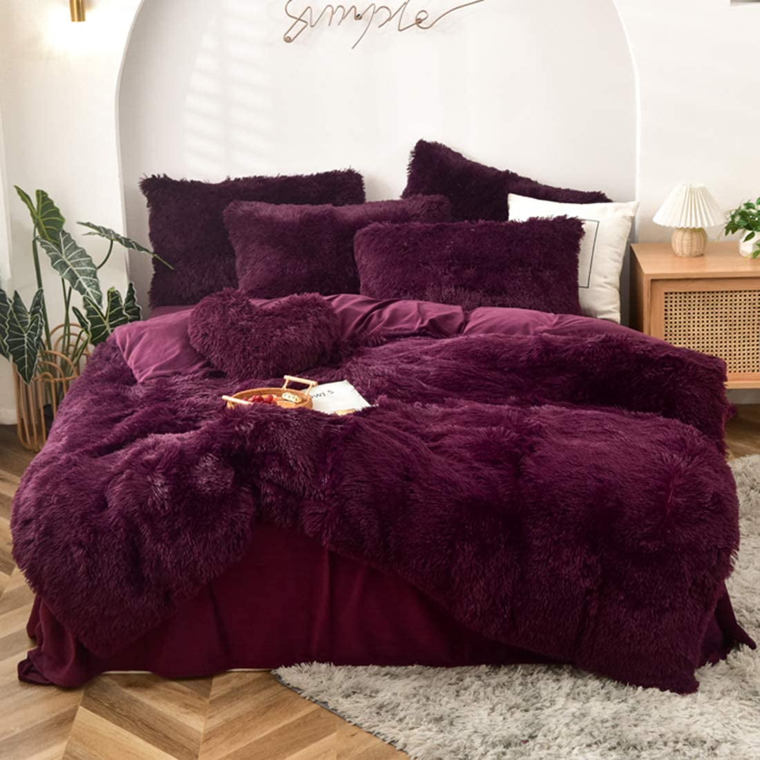 MorroMorn 5 PCS Shaggy Duvet Cover Bedding Set - Fluffy Comforter Cover Long Faux Fur Luxury Ultra Soft Cozy (Maroon, Full/Queen)