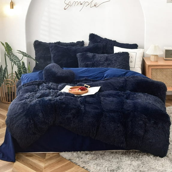 MorroMorn 5 PCS Shaggy Duvet Cover Bedding Set - Fluffy Comforter Cover Long Faux Fur Luxury Ultra Soft Cozy (Navy, King/California King)