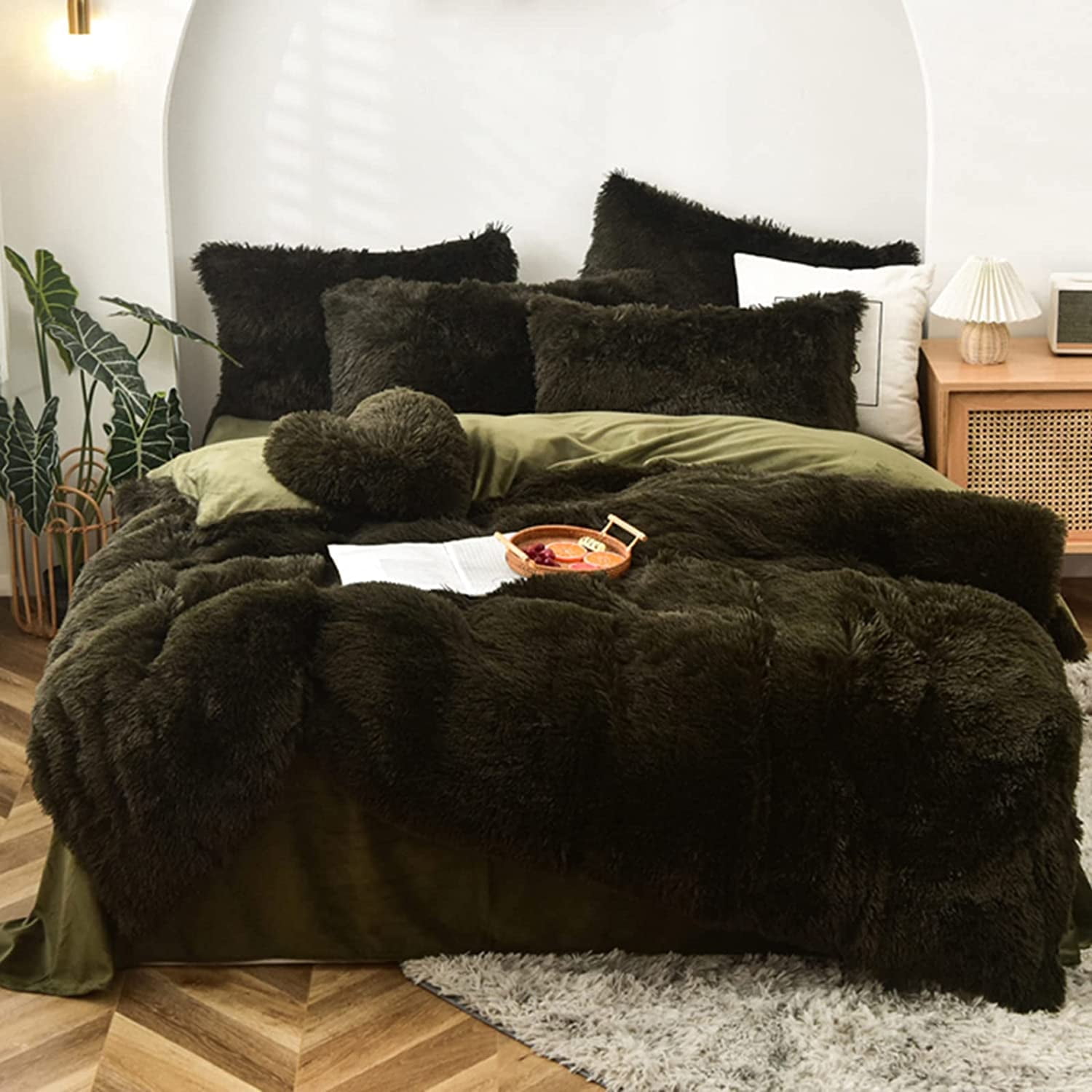 Olive Green Shaggy Faux Fur 5-Piece Full/Queen Duvet Cover Set