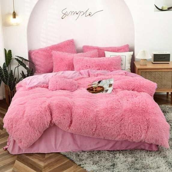 MorroMorn 5 PCS Shaggy Duvet Cover Bedding Set - Fluffy Comforter Cover Long Faux Fur Luxury Ultra Soft Cozy (Pink, King/California King)