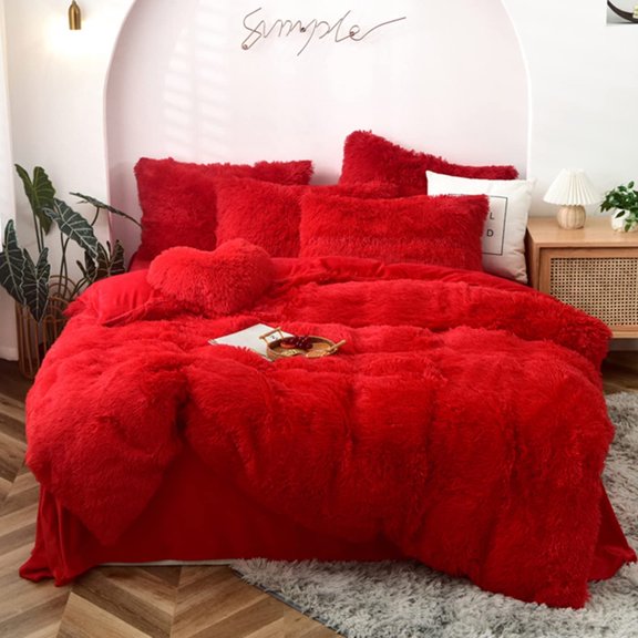 MorroMorn 5 PCS Shaggy Duvet Cover Bedding Set - Fluffy Comforter Cover Long Faux Fur Luxury Ultra Soft Cozy (Red, King/California King)