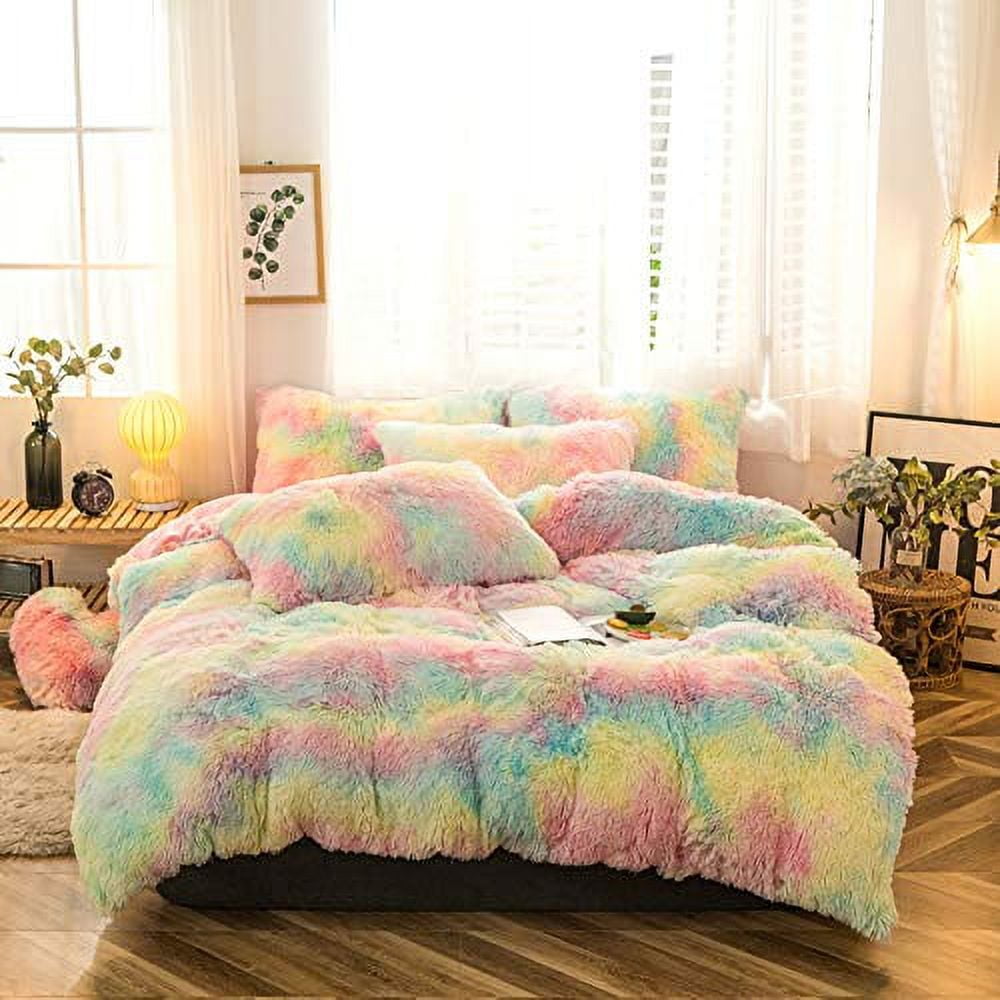 Rainbow Flannel Faux Fur Full/Queen Bedding Set