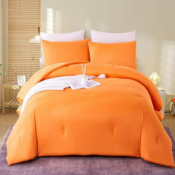 MorroMorn Comforter Set Queen Size, 4 Pieces All Season Bedding Comforters Sets, Soft Bed Set with 1 Down Alternative Duvet Insert 90×90 Inches, 2 Pillow Cases & 1 Fitted Sheet (Queen, Orange)