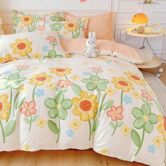 MorroMorn Cotton Duvet Cover Queen, 3 Pcs Bed Set Floral Bedding Sets All Seasons, 1 Comforter Cover 2 Pillowcases, Soft Peach Blush Pink for Girls Kids Teen Dorm Preppy (Sunflower, Full/Queen)