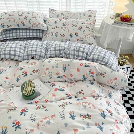 MorroMorn Cotton Duvet Cover Queen, 3 Pieces Bed Set Floral Bedding Sets All Seasons, 1 Comforter Cover 2 Pillowcases, Soft Breathable Gingham for Girls Kids Teen Dorm Preppy (Cat, Full/Queen)
