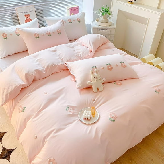 MorroMorn Cotton Duvet Cover Queen Size, 3D Embroidery Queen Bedding Sets Pink Bed Set, Cute Chenille Embroidered Comforter Covers Soft Breathable for Girls Boys Kids Teen (Flowers Pink, Full/Queen)