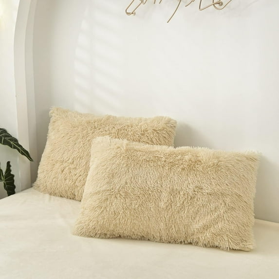 MorroMorn Decorative Pillows Covers, 2 Packs Faux Fur Pillow Cases, Luxury Shaggy Throw Pillowcase Cushion Shams with Zipper Closure Home Decor for Couch Sofa Bed Room (Khaki, King/California King)