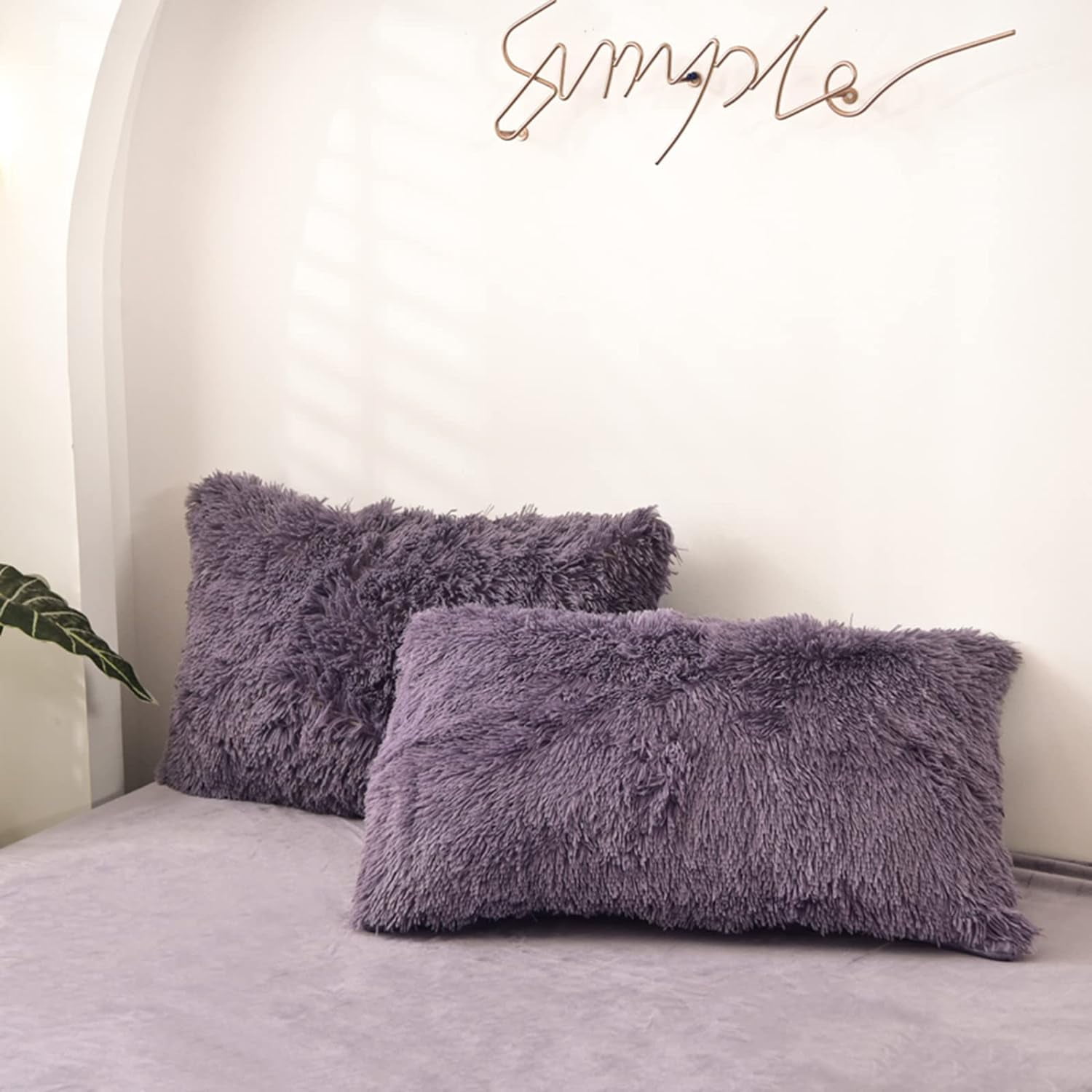 MorroMorn Decorative Pillows Covers, 2 Packs Faux Fur Pillow Cases, Luxury Shaggy Throw Pillowcase Cushion Shams with Zipper Closure Home Decor for Couch Sofa Bed Room (Dark Purple, King/Cali King)