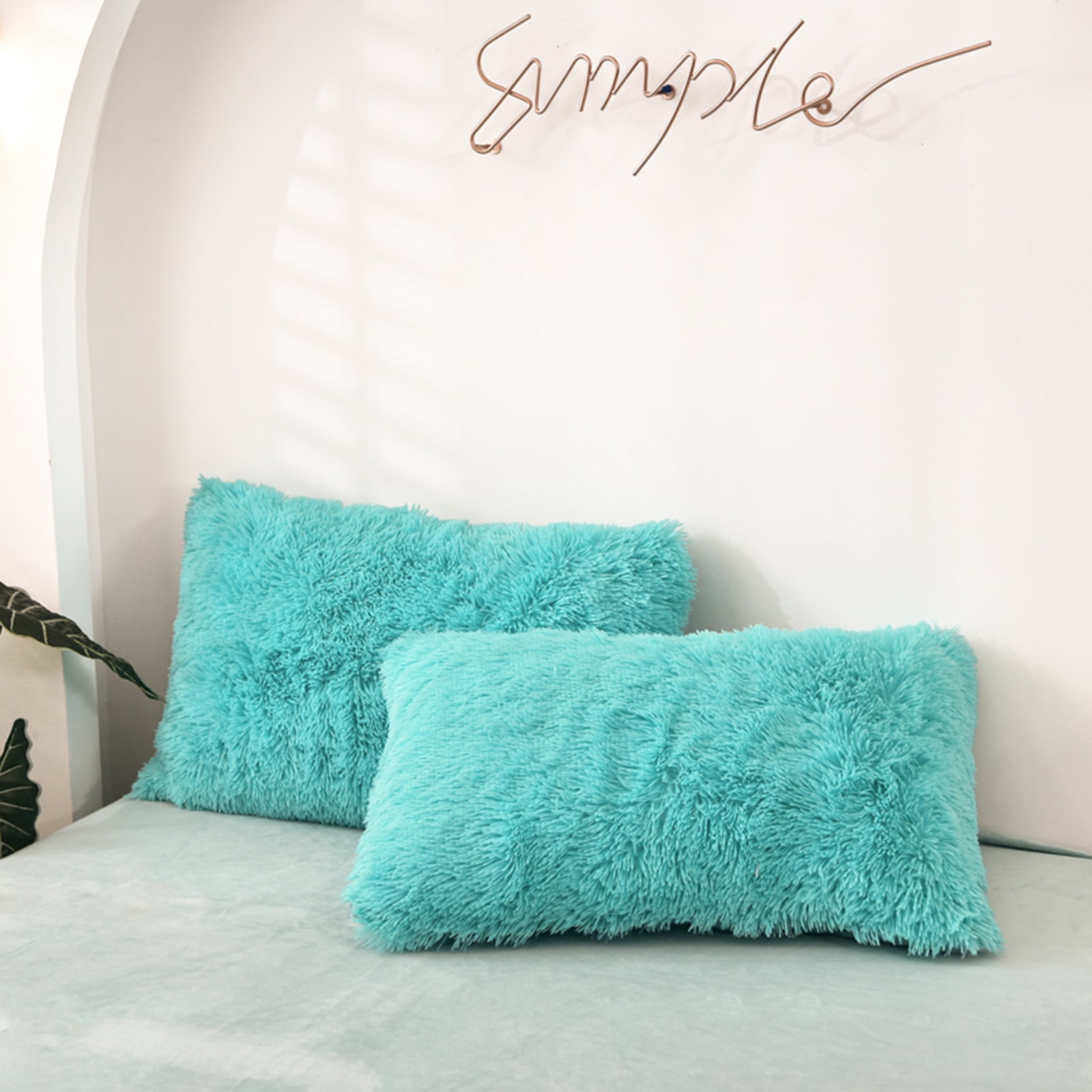 MorroMorn Decorative Pillows Covers, 2 Packs Faux Fur Pillow Cases, Luxury Shaggy Throw Pillowcase Cushion Shams with Zipper Closure Home Decor for Couch Sofa Bed Room (Aqua, King/California King)