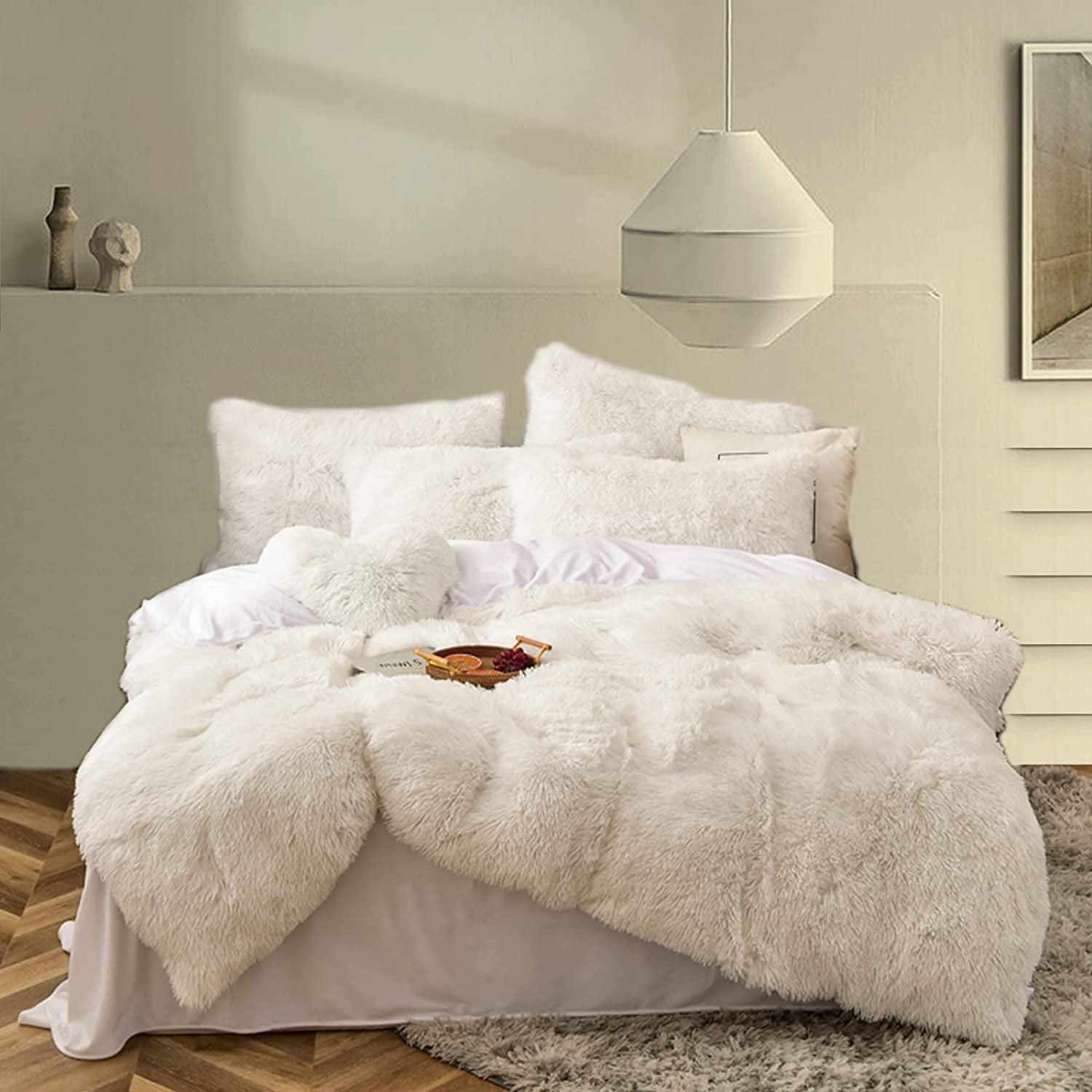 MorroMorn Fluffy Comforter Duvet Cover Set, 5 Pcs Bedding Sets Faux Fur Plush Velvet Shaggy Ultra Soft Luxury for Full Queen Size White