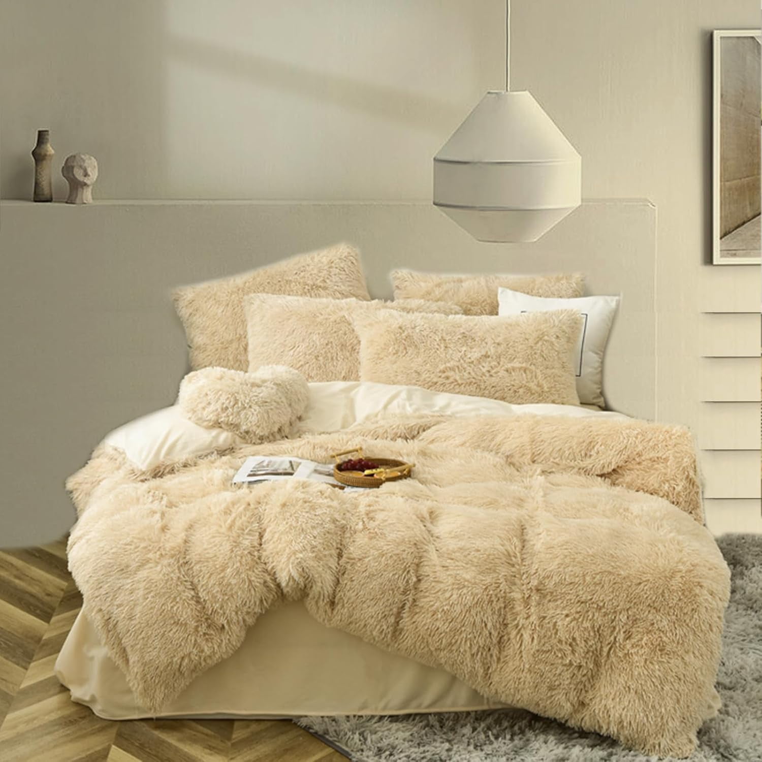 MorroMorn Fluffy Comforter Duvet Cover Set, 5 Pcs Bedding Sets Faux Fur Plush Velvet Shaggy Ultra Soft Luxury for King Cal King Size Beige