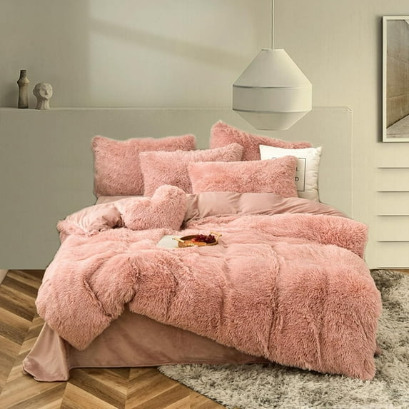 MorroMorn Fluffy Comforter Duvet Cover Set, 5 Pcs Bedding Sets Faux Fur Plush Velvet Shaggy Ultra Soft Luxury for King Cal King Size Blush