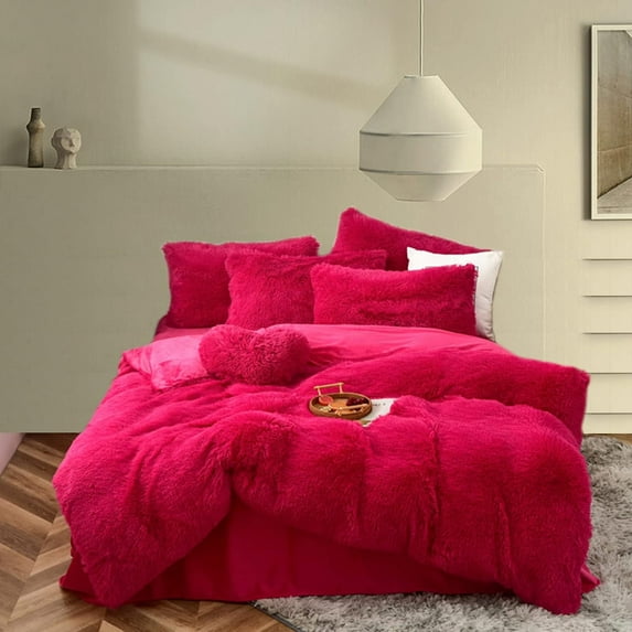 MorroMorn Fluffy Comforter Duvet Cover Set, 5 Pcs Bedding Sets Faux Fur Plush Velvet Shaggy Ultra Soft Luxury for King Cal King Size Bright Pink