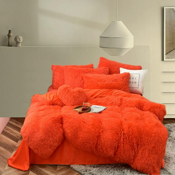 MorroMorn Fluffy Comforter Duvet Cover Set, 5 Pcs Bedding Sets Faux Fur Plush Velvet Shaggy Ultra Soft Luxury for King Cal King Size Orange