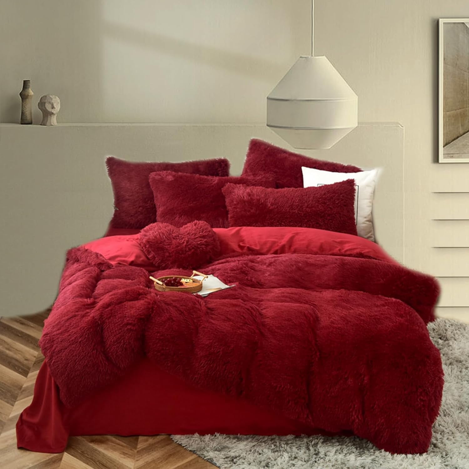 MorroMorn Fluffy Comforter Duvet Cover Set, 5 Pcs Bedding Sets Faux Fur Plush Velvet Shaggy Ultra Soft Luxury for King Cal King Size Red