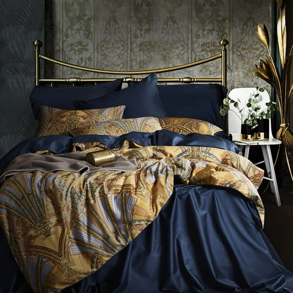 MorroMorn Gold Duvet Cover Queen Size, Boho Bedding Sets Yellow Navy, 3 Pieces - 1 Comforter Covers with Zipper Closure 2 Pillowcases, Hippie Vintage Retro Old Look (Golden Palace, Full/Queen)
