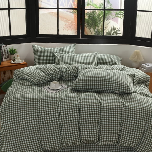 MorroMorn Green Gingham Duvet Cover Set 100% Washed Cotton Linen Like Soft, 3-Pieces Bedding Sets Comforter Cover & 2 Pillowcases - Breathable Durable Comfy Vintage Checkered Plaid (King 104"x90")